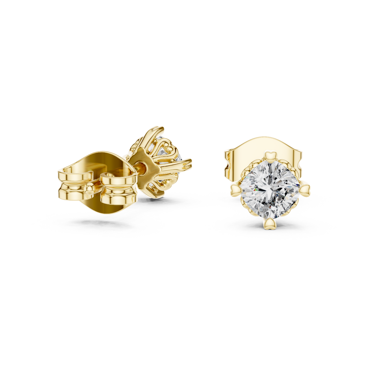 1.00 CT Cushion Cut Lab Grown Diamond Solitaire Stud Earrings, Yellow Gold