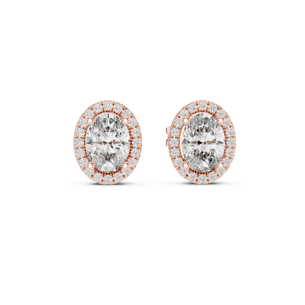 IGI Certified Oval Halo Lab Grown Diamond Stud Earrings, Rose Gold