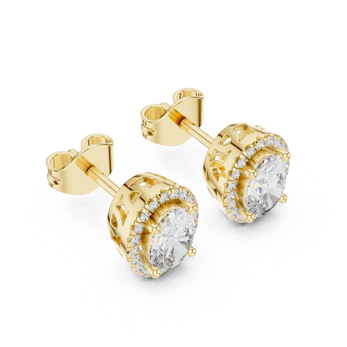 IGI Certified Oval Halo Lab Grown Diamond Stud Earrings, Yellow Gold