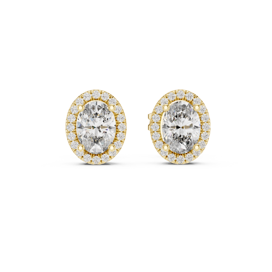 IGI Certified Oval Halo Lab Grown Diamond Stud Earrings, Yellow Gold