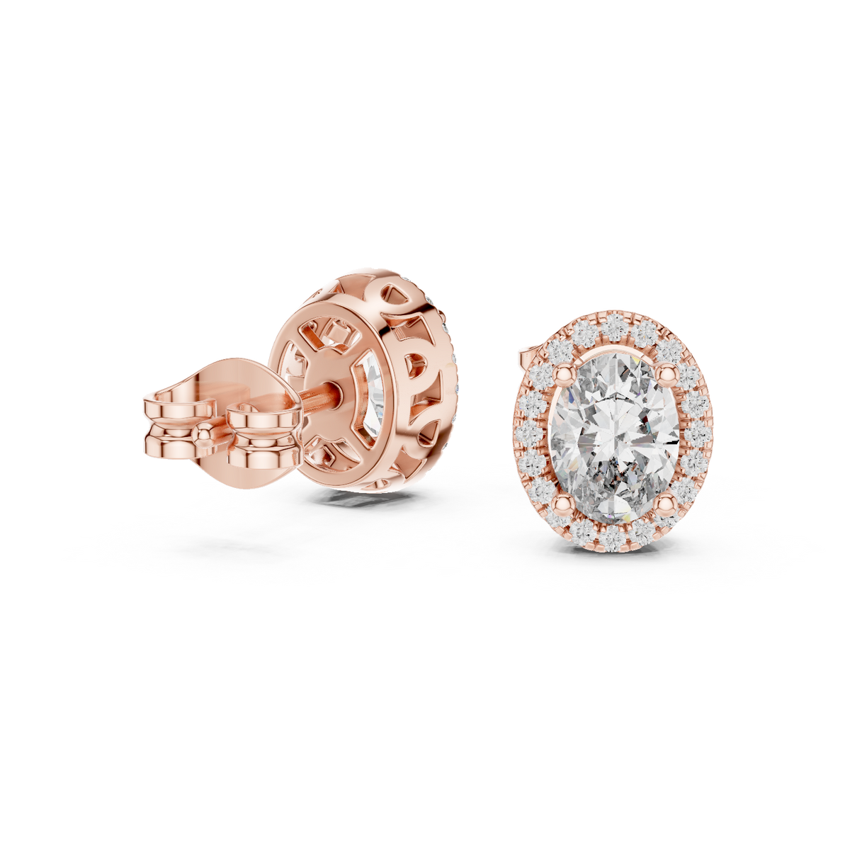 IGI Certified Oval Halo Lab Grown Diamond Stud Earrings, Rose Gold