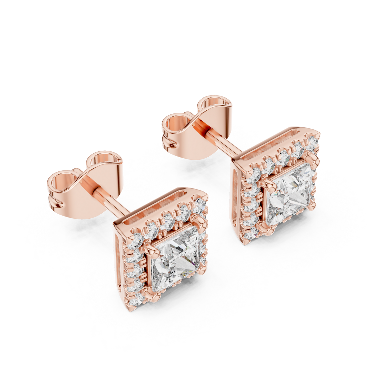IGI Certified Princess Cut Diamond Halo Stud Earrings, Rose Gold