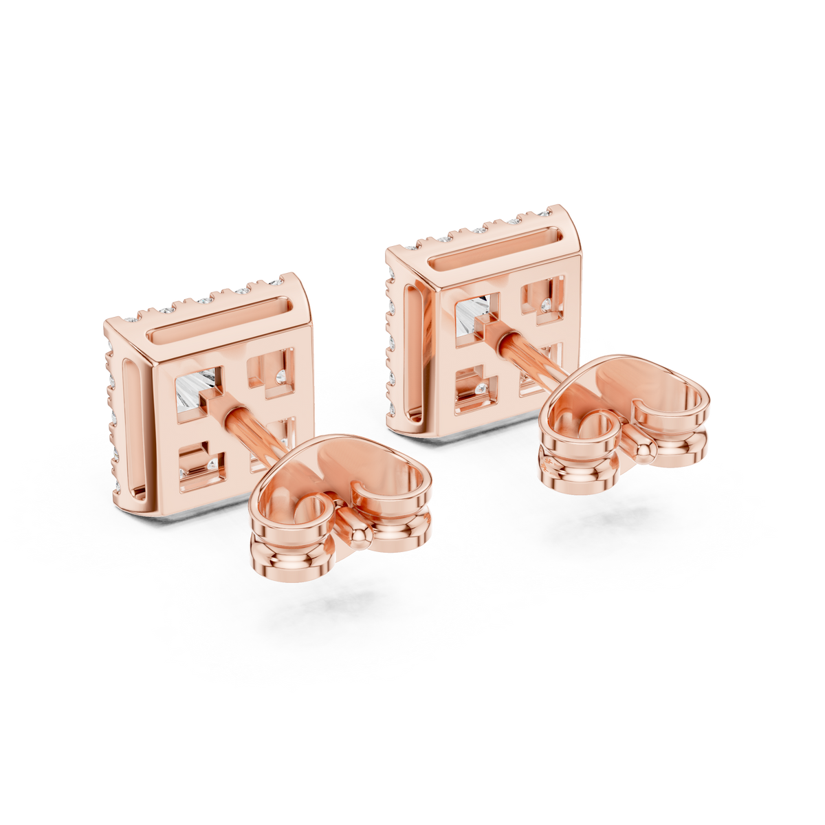 IGI Certified Princess Cut Diamond Halo Stud Earrings, Rose Gold