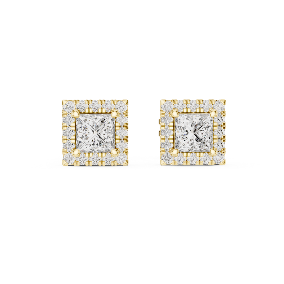 IGI Certified Princess Cut Diamond Halo Stud Earrings, Yellow Gold