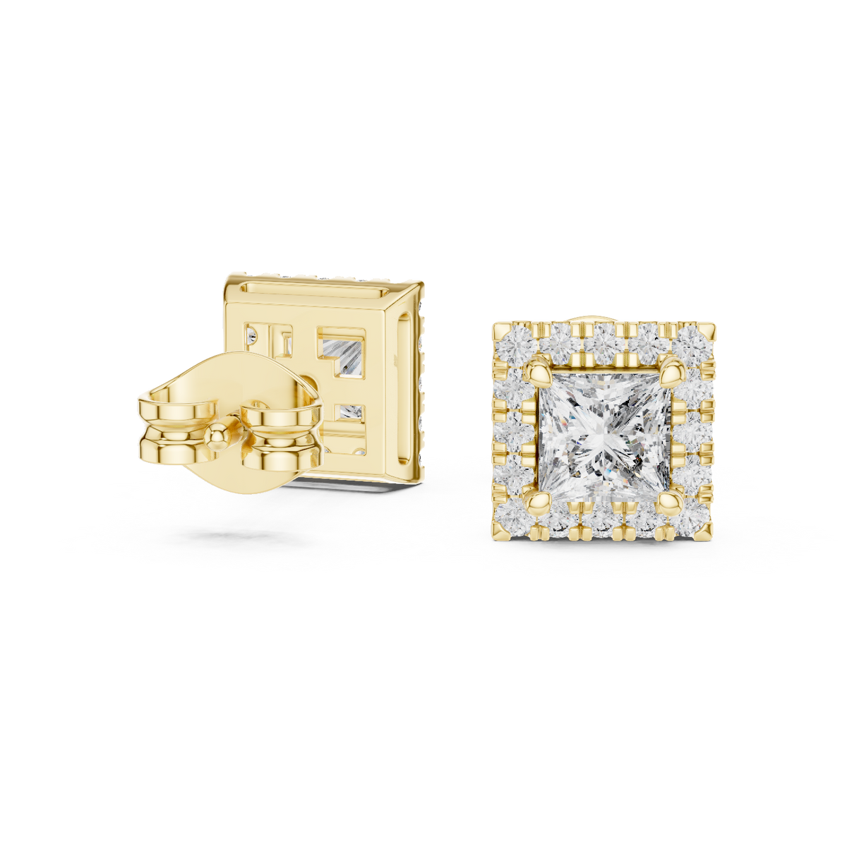 IGI Certified Princess Cut Diamond Halo Stud Earrings, Yellow Gold