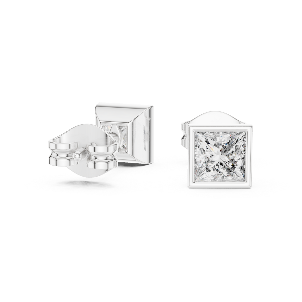 IGI Certified Princess Cut Solitaire Diamond Earstuds, White Gold