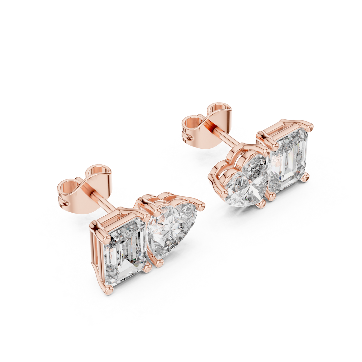4.00 CT Heart & Emerald Cut Lab Grown Diamond Toi et Moi Stud Earrings, Rose Gold
