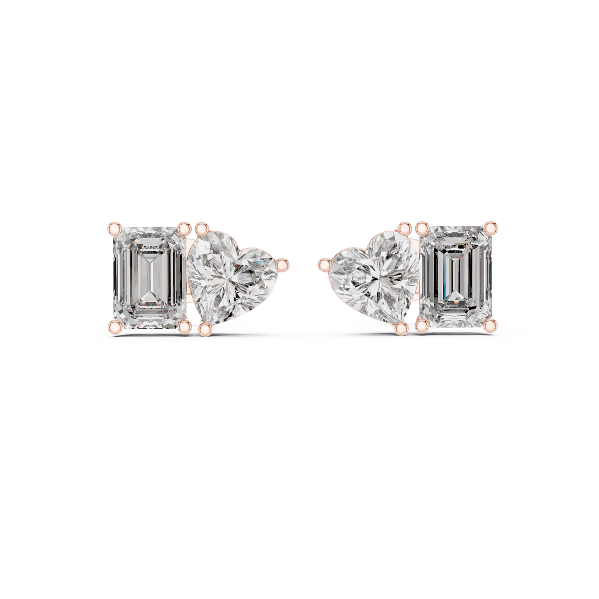 4.00 CT Heart & Emerald Cut Lab Grown Diamond Toi et Moi Stud Earrings, Rose Gold