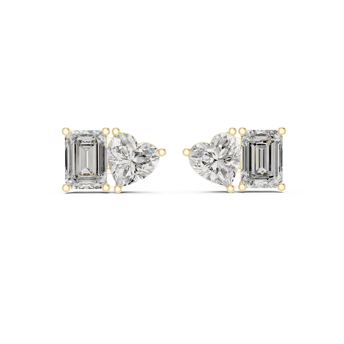 4.00 CT Heart & Emerald Cut Lab Grown Diamond Toi et Moi Stud Earrings, Yellow Gold