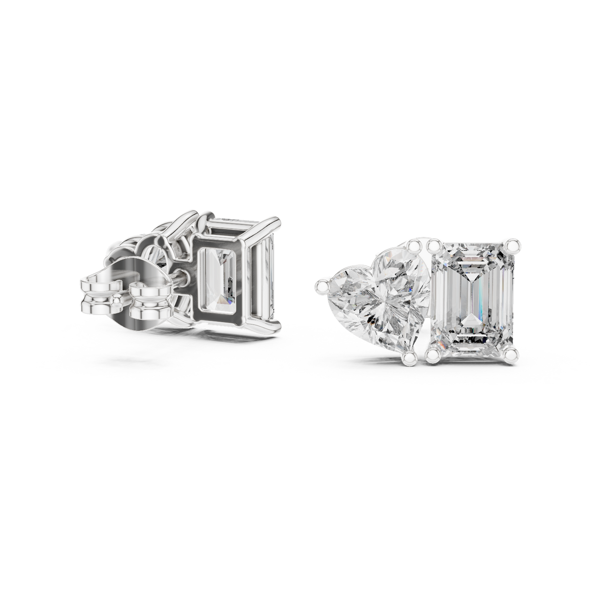 4.00 CT Heart & Emerald Cut Lab Grown Diamond Toi et Moi Stud Earrings, White Gold