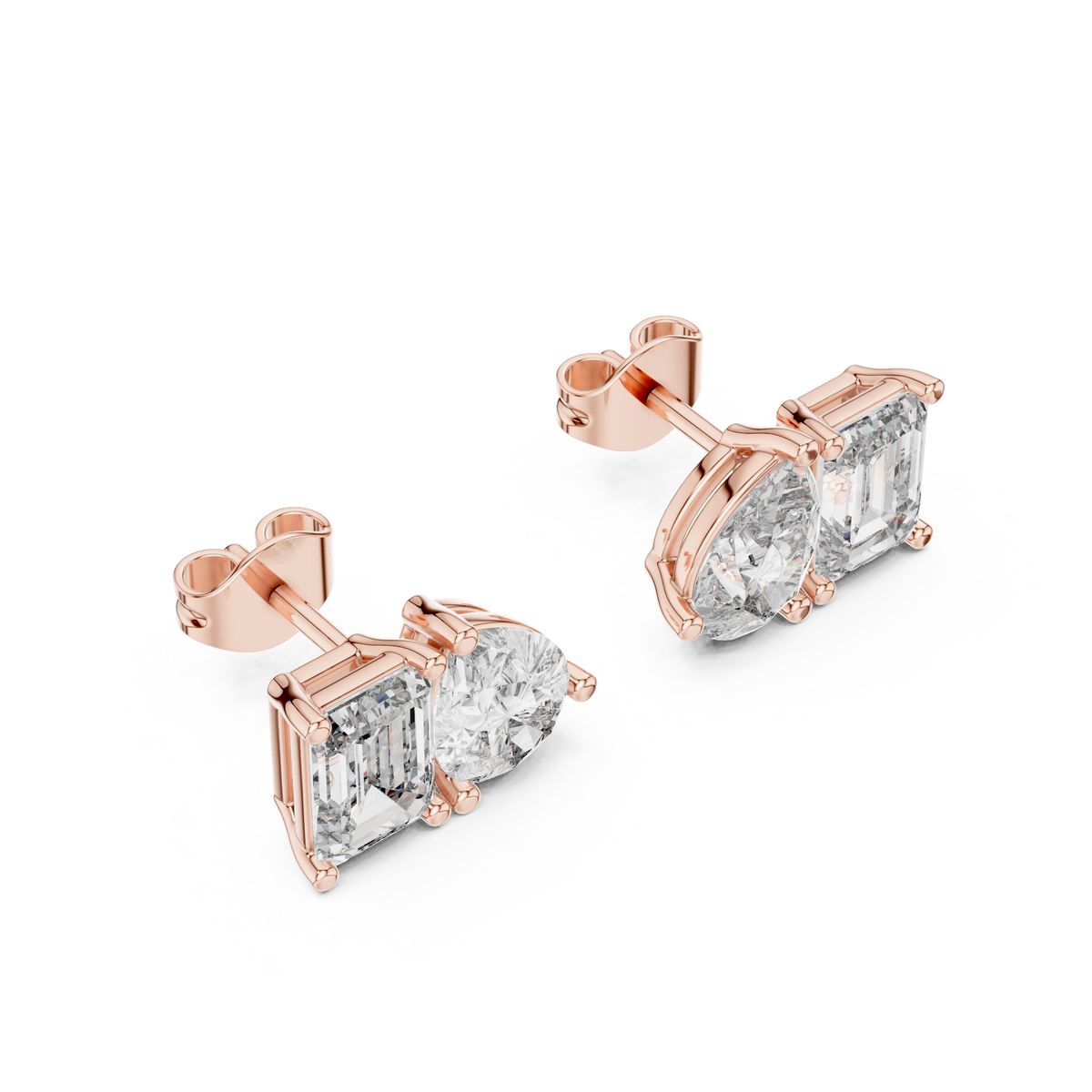 4.00 CT Emerald & Pear Cut Lab Grown Diamond Toi et Moi Stud Earrings, Rose Gold
