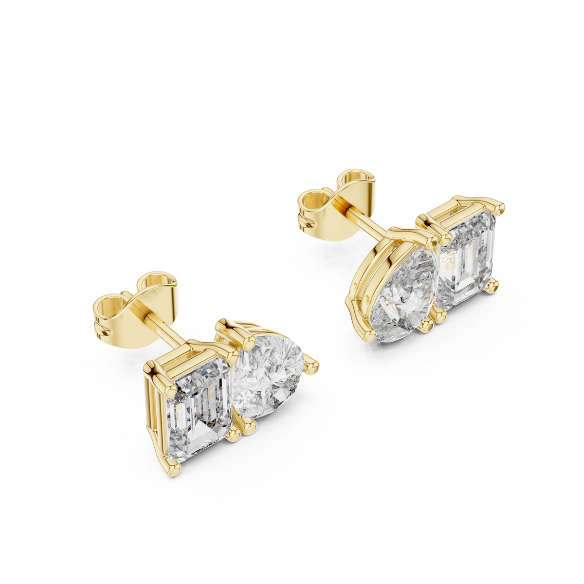 4.00 CT Emerald & Pear Cut Lab Grown Diamond Toi et Moi Stud Earrings, Yellow Gold