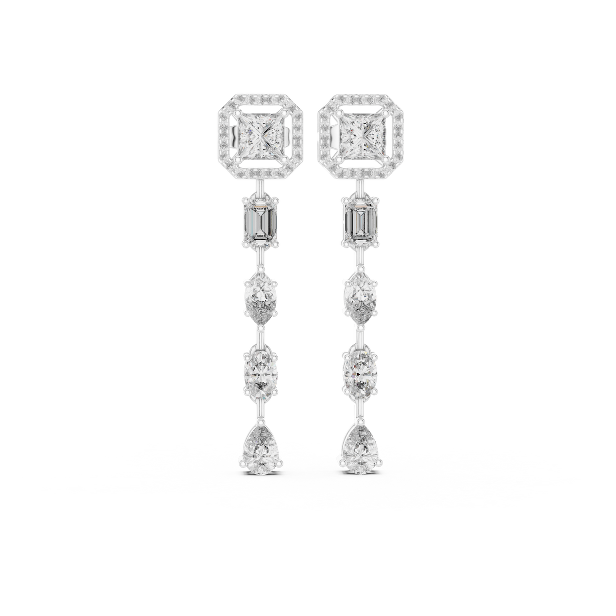 Multi Shape Lab Grown Diamond Statement Drop Earrings, White Gold