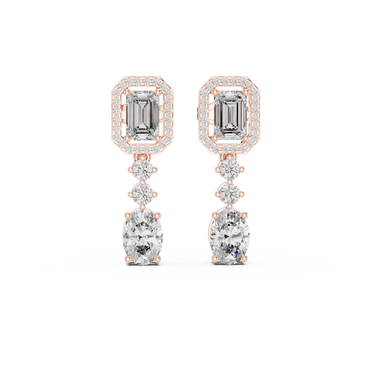3.02 CT Emerald & Oval Lab Grown Diamond Halo Drop Earrings, Rose Gold
