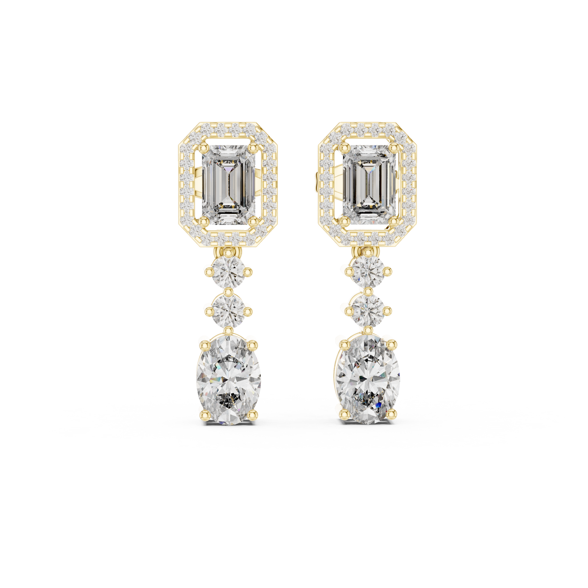 3.02 CT Emerald & Oval Lab Grown Diamond Halo Drop Earrings, Yellow Gold