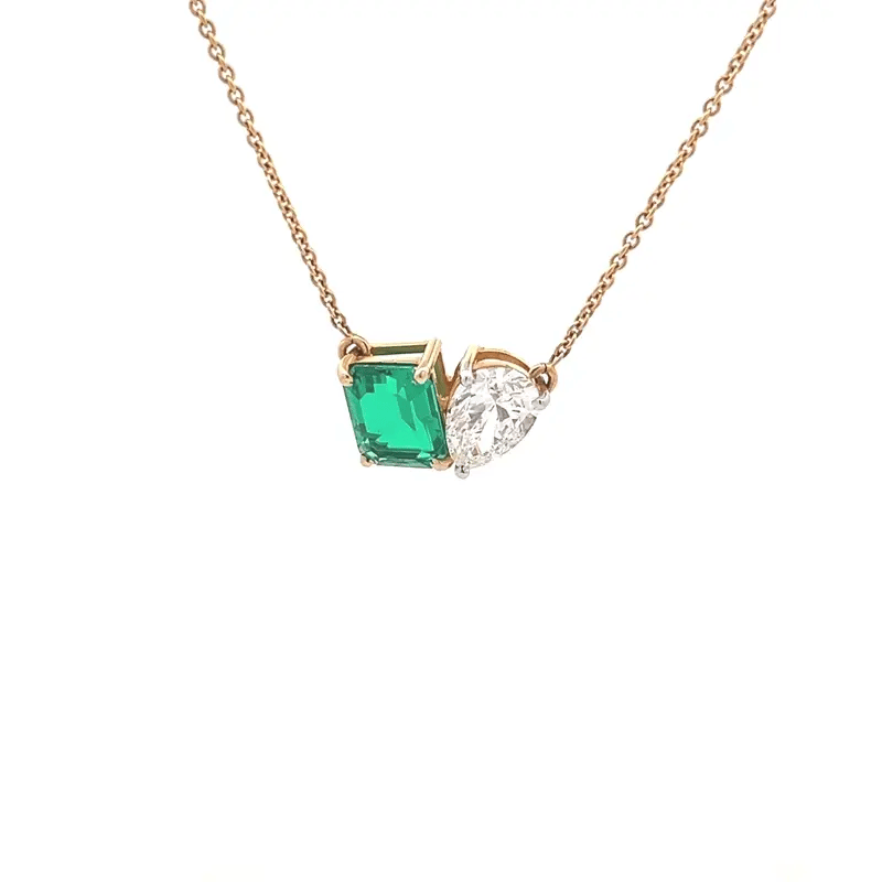 Colambian Emerald & Pear Diamond Duo Pendant in 14K Gold