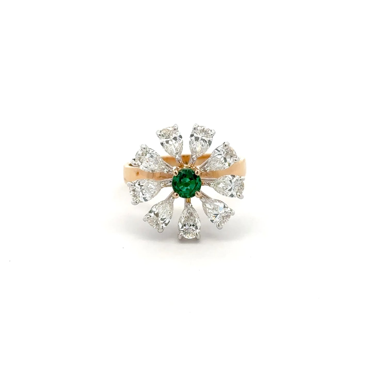 Vintage Inspired Lab Grown Diamond Flower Ring with Colombian Emerald Center