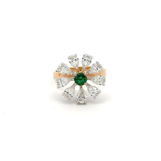 Vintage Inspired Lab Grown Diamond Flower Ring with Colombian Emerald Center