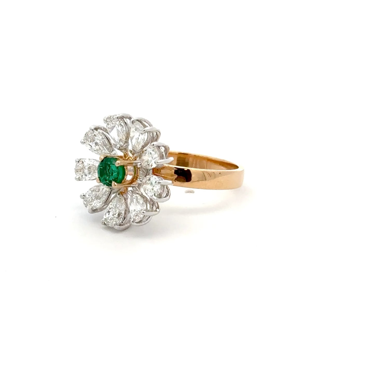 Vintage Inspired Lab Grown Diamond Flower Ring with Colombian Emerald Center