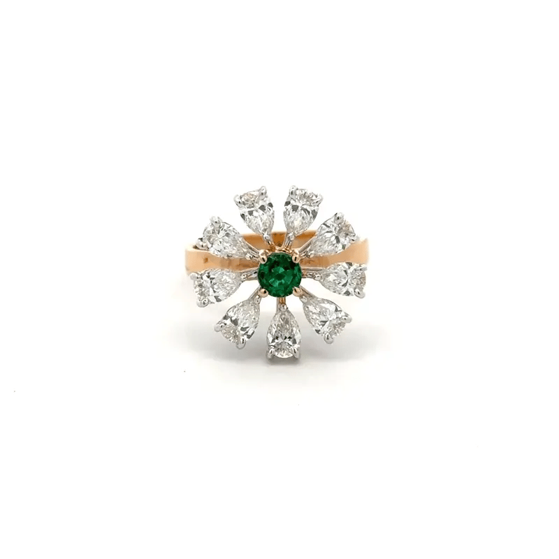 Vintage Inspired Lab Grown Diamond Flower Ring with Colombian Emerald Center