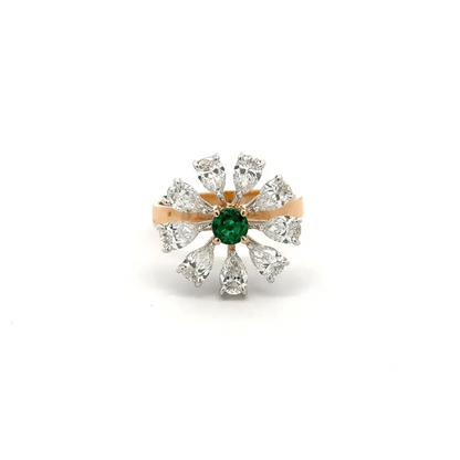 Vintage Inspired Lab Grown Diamond Flower Ring with Colombian Emerald Center