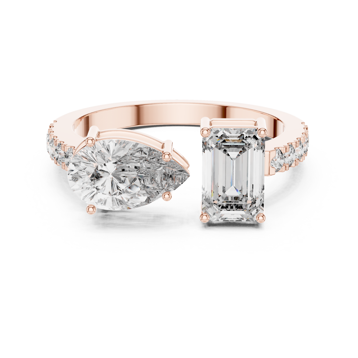 IGI Certified Toi et Moi Lab Grown Diamond Ring with Pear and Emerald Cut Diamonds, Rose Gold