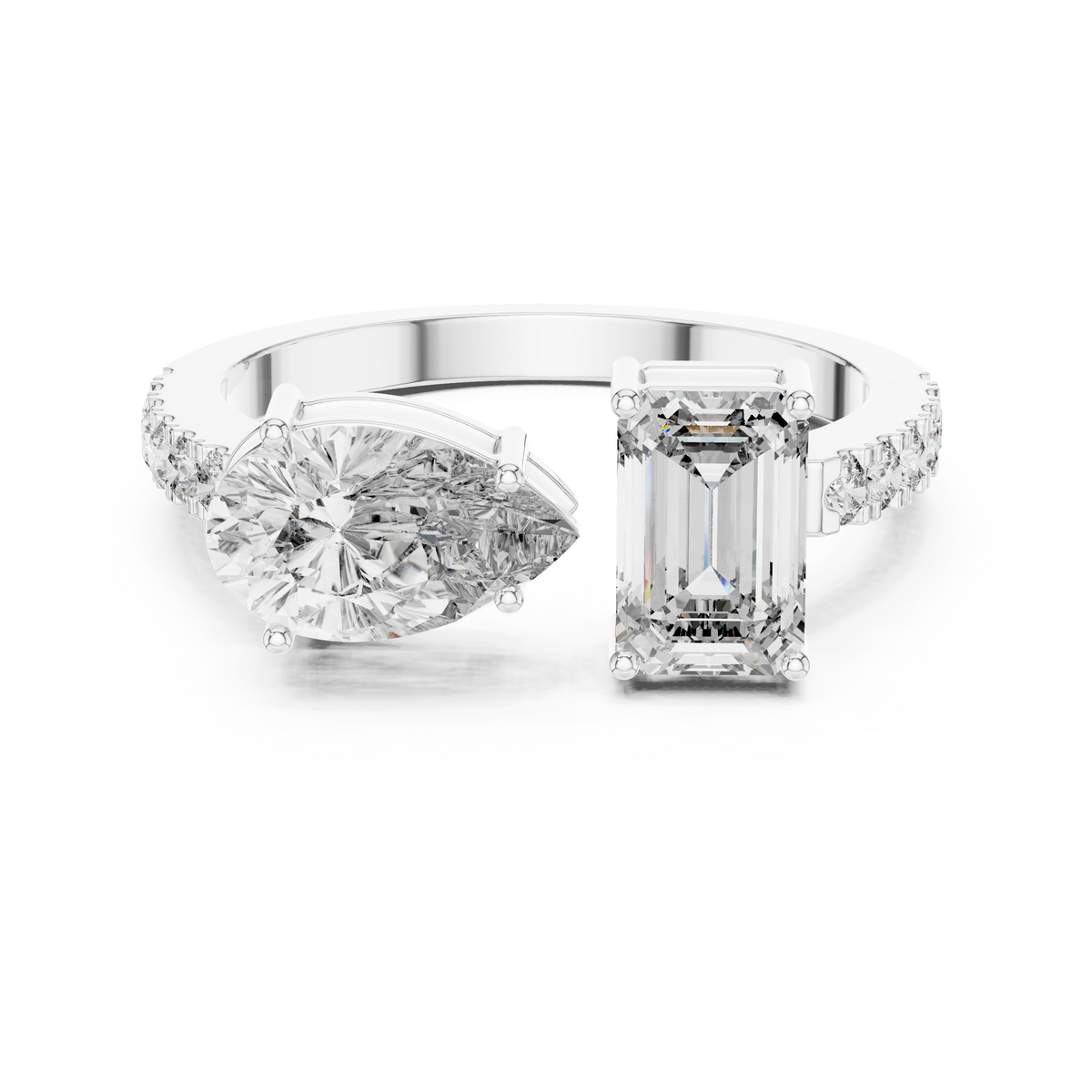 IGI Certified Toi et Moi Lab Grown Diamond Ring with Pear and Emerald Cut Diamonds, White Gold