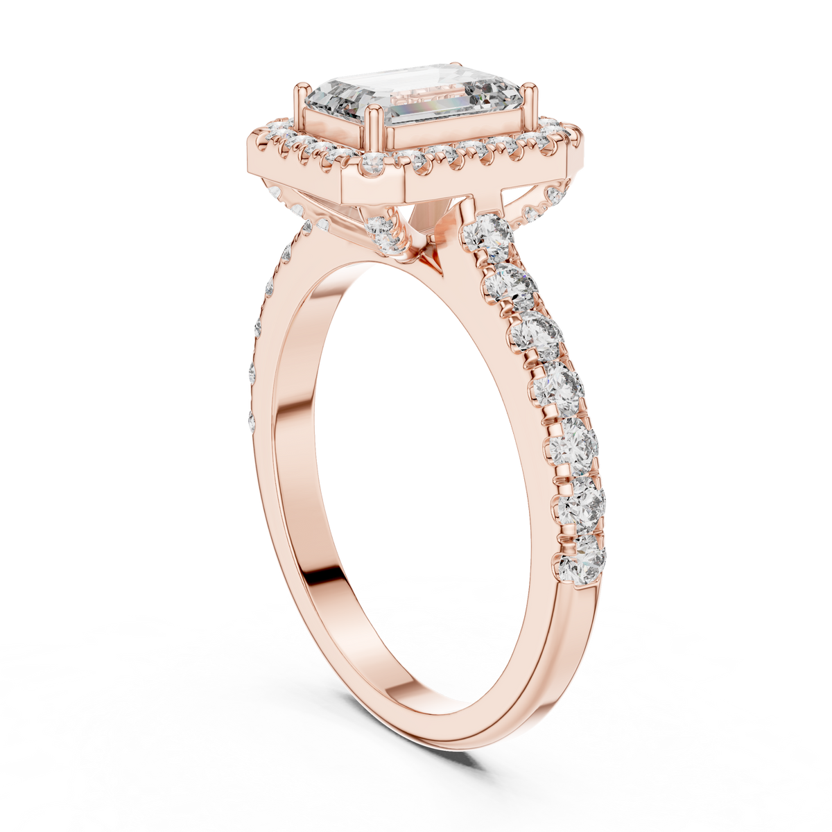 Emerald Cut Lab Grown Diamond Halo Ring IGI Certified, Rose Gold
