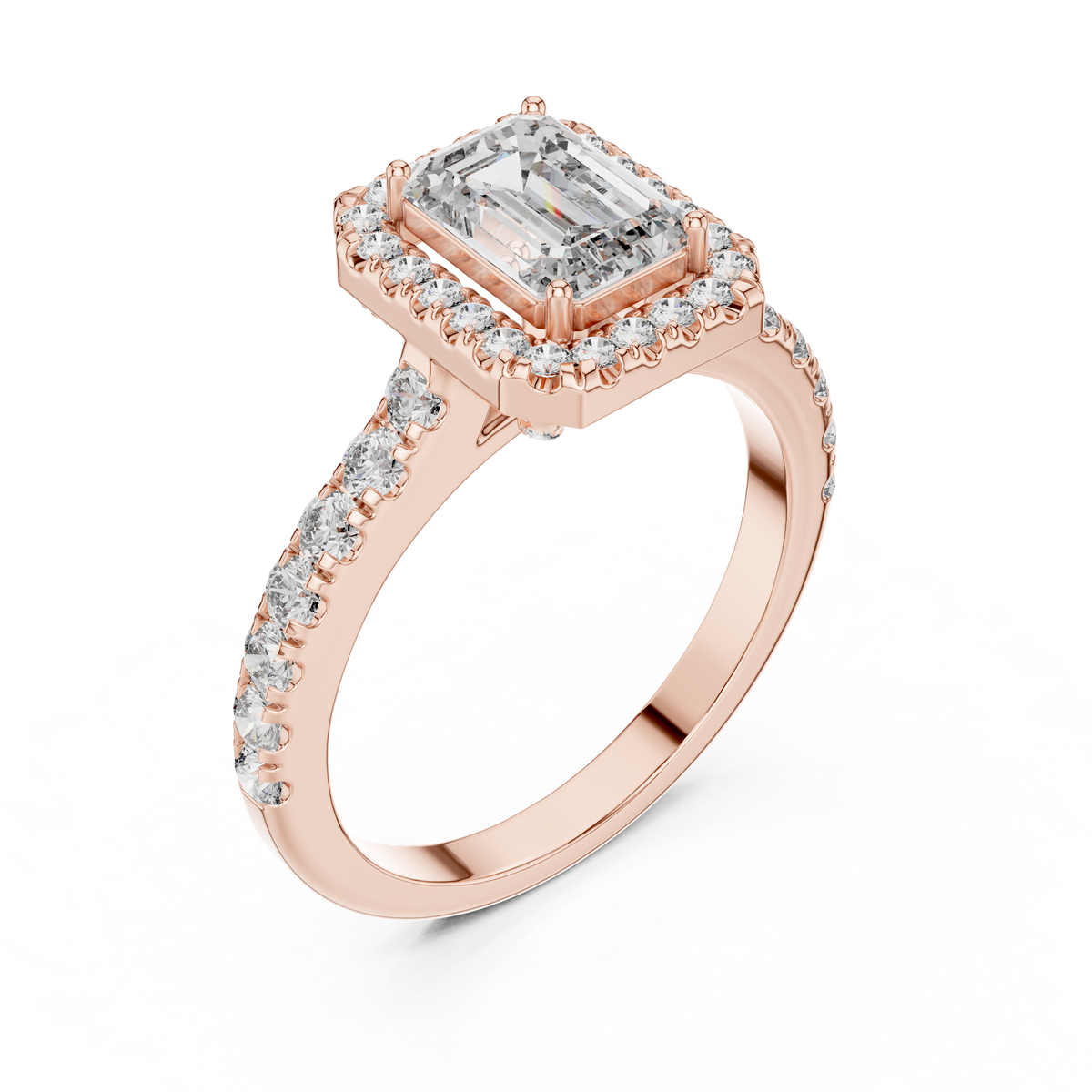 Emerald Cut Lab Grown Diamond Halo Ring IGI Certified, Rose Gold