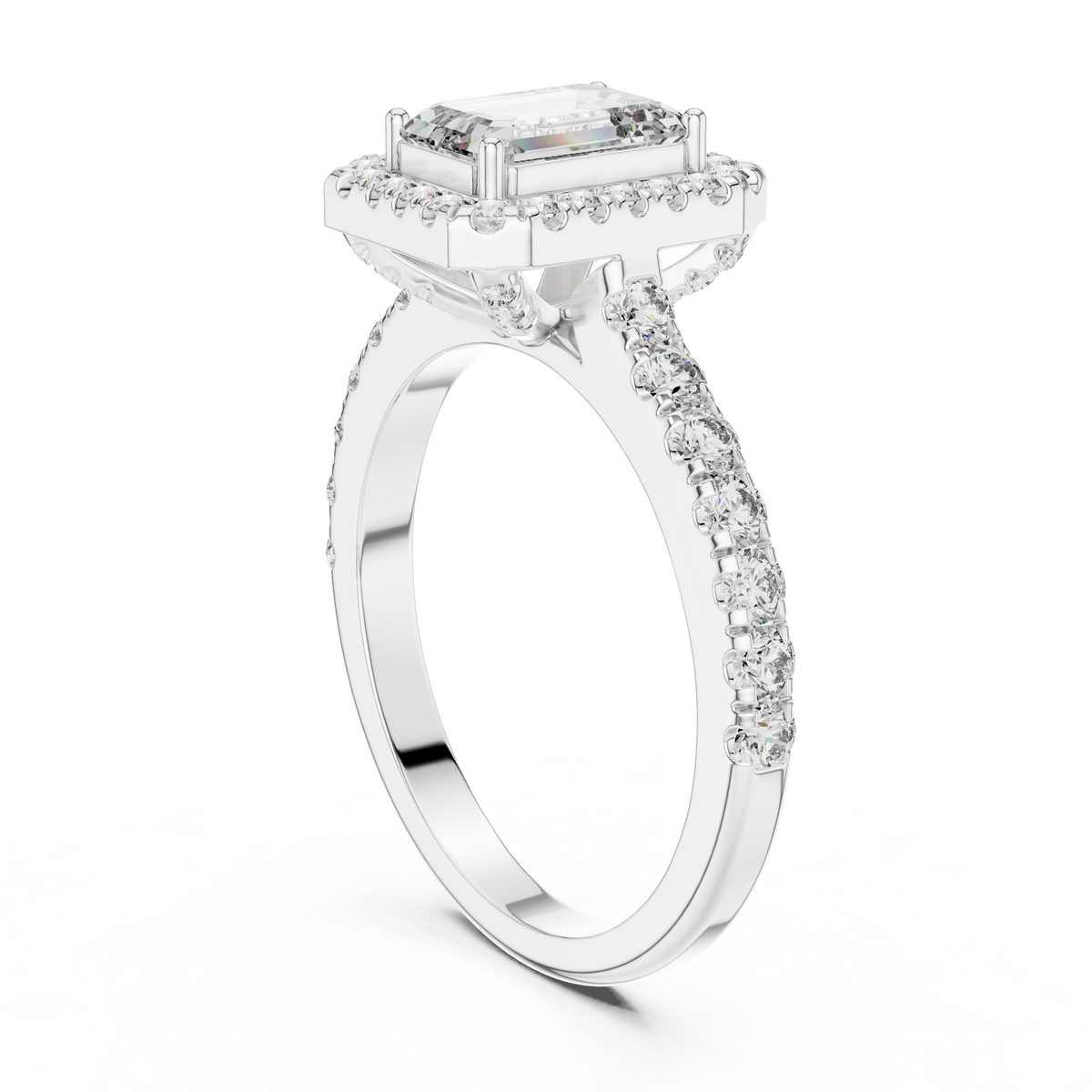 Emerald Cut Lab Grown Diamond Halo Ring IGI Certified, White Gold