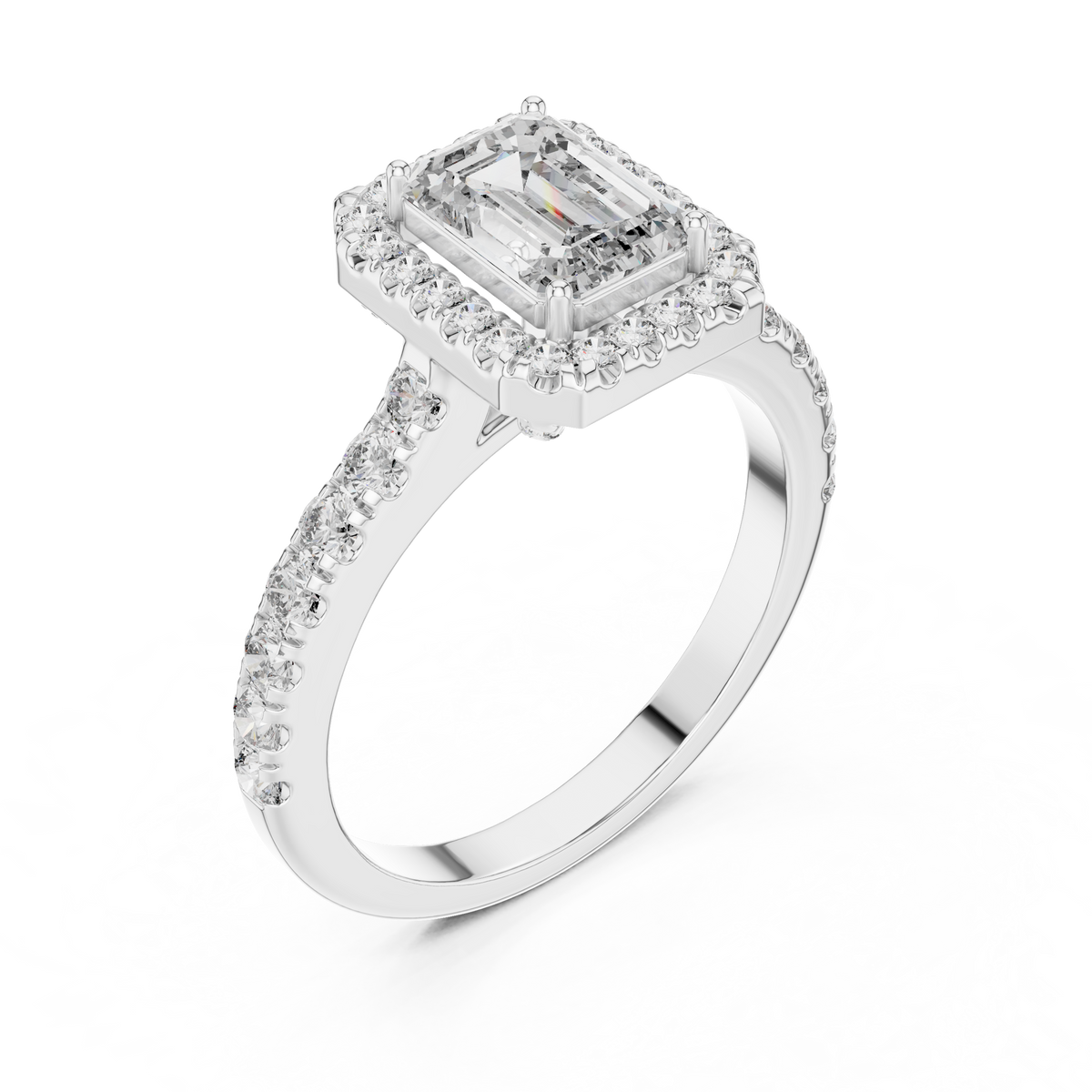 Emerald Cut Lab Grown Diamond Halo Ring IGI Certified, White Gold