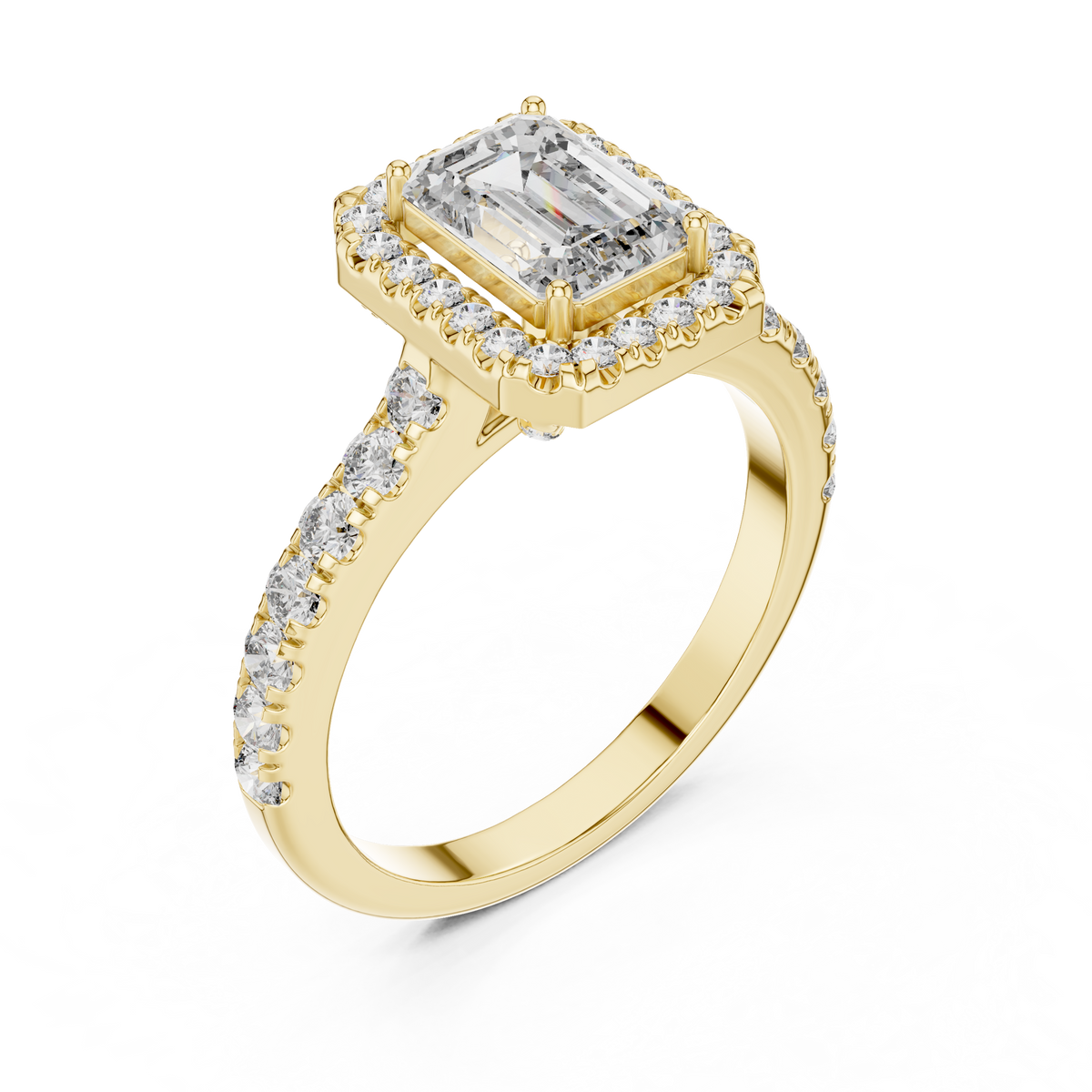 Emerald Cut Lab Grown Diamond Halo Ring IGI Certified, Yellow Gold