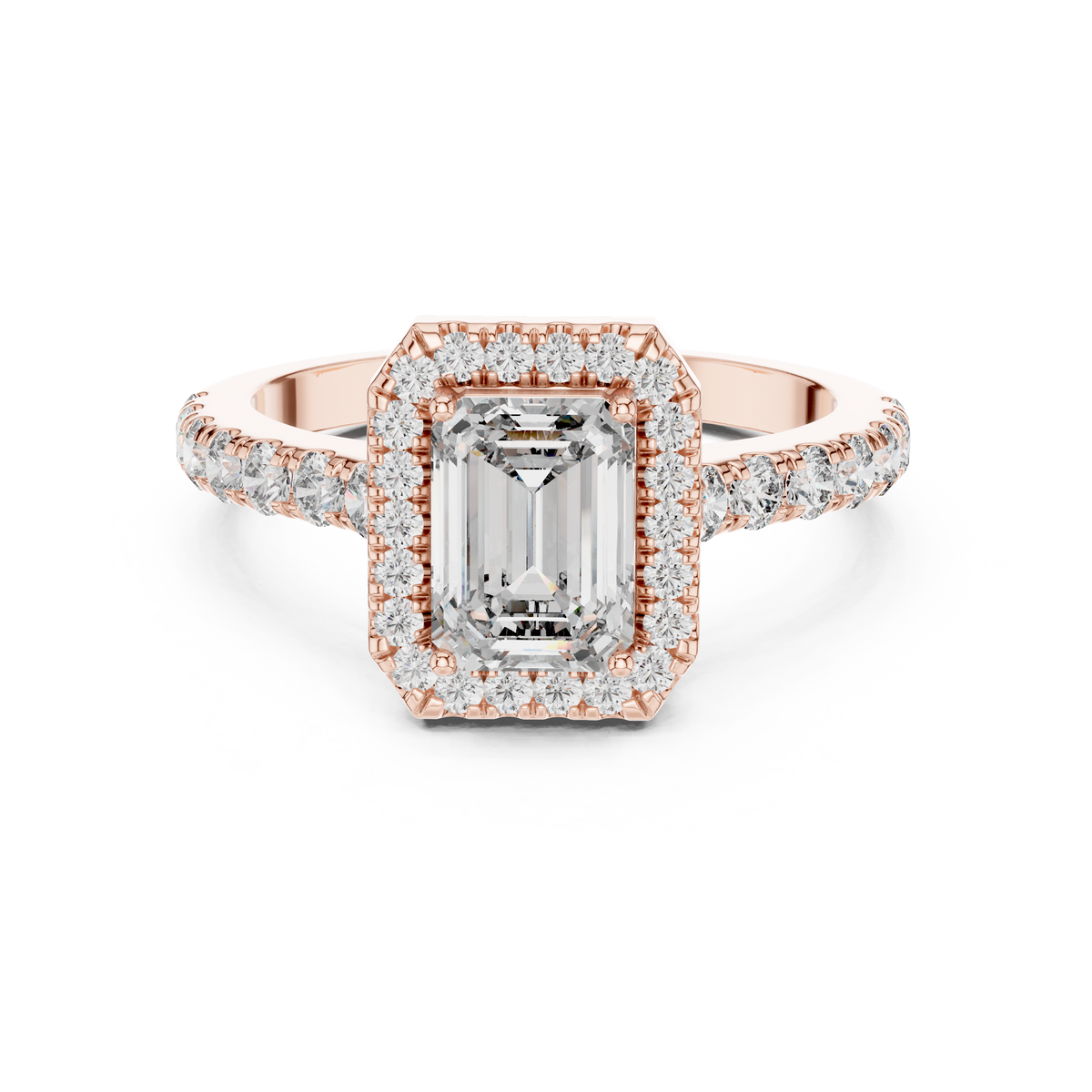 Emerald Cut Lab Grown Diamond Halo Ring IGI Certified, Rose Gold