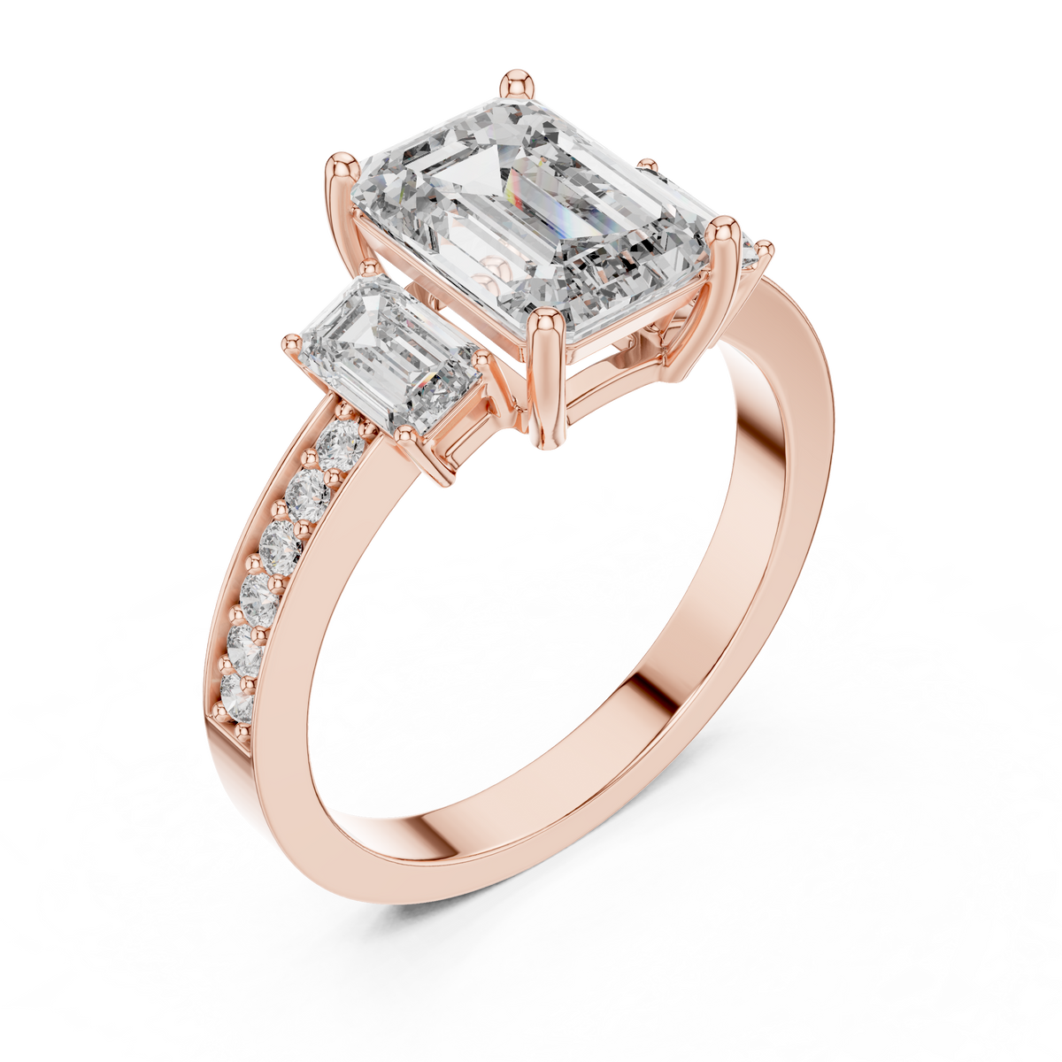 IGI Certified Emerald Cut Lab Grown Diamond Ring with Emerald Side Stones, Rose Gold