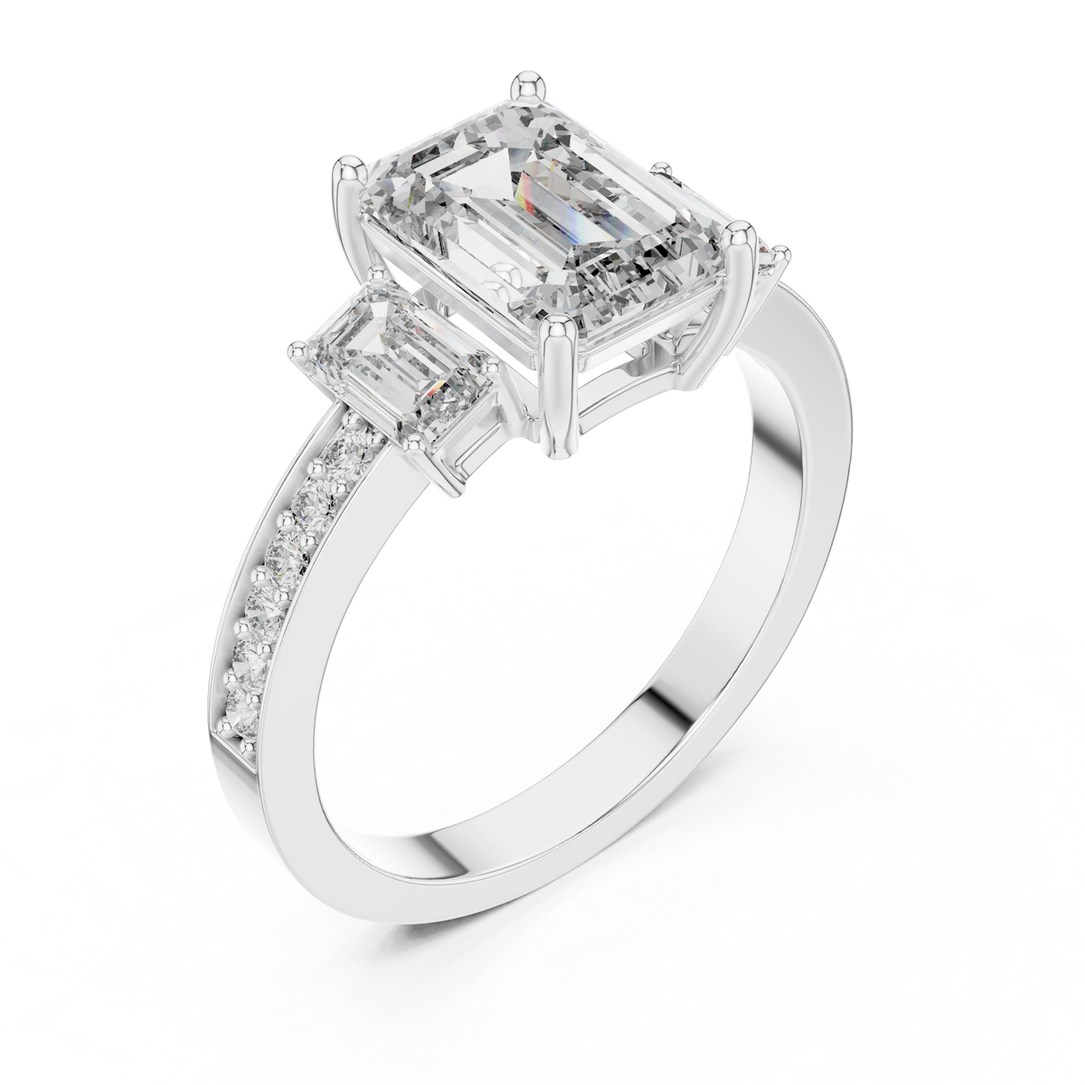 IGI Certified Emerald Cut Lab Grown Diamond Ring with Emerald Side Stones, White Gold