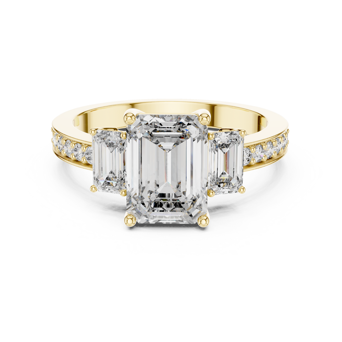 IGI Certified Emerald Cut Lab Grown Diamond Ring with Emerald Side Stones, Yellow Gold
