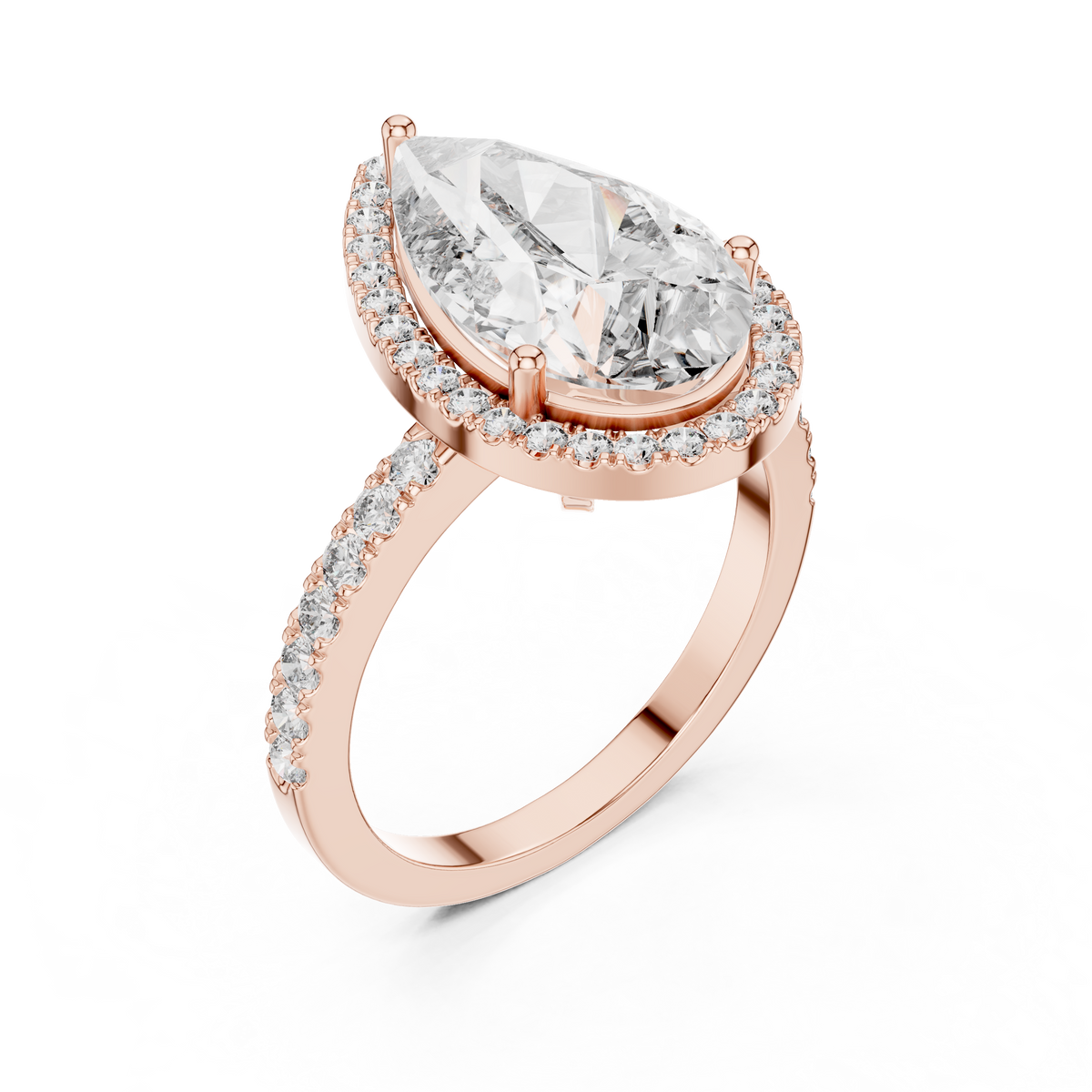 IGI Certified Pear Cut Halo Lab Grown Diamond Bridal Ring, Rose Gold
