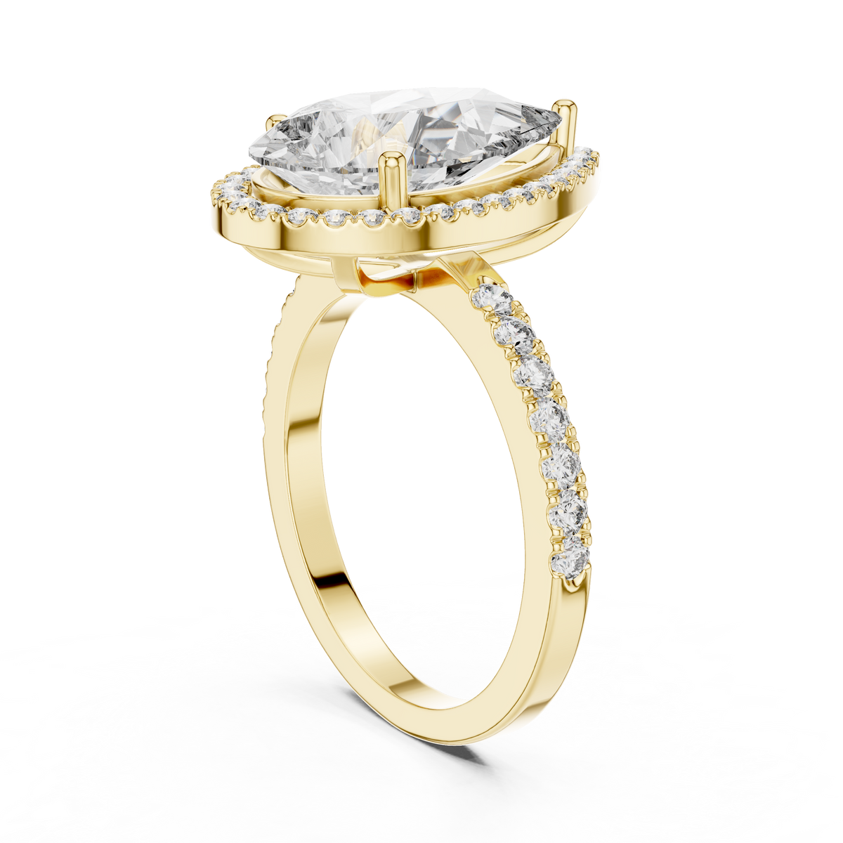 IGI Certified Pear Cut Halo Lab Grown Diamond Bridal Ring, Yellow Gold