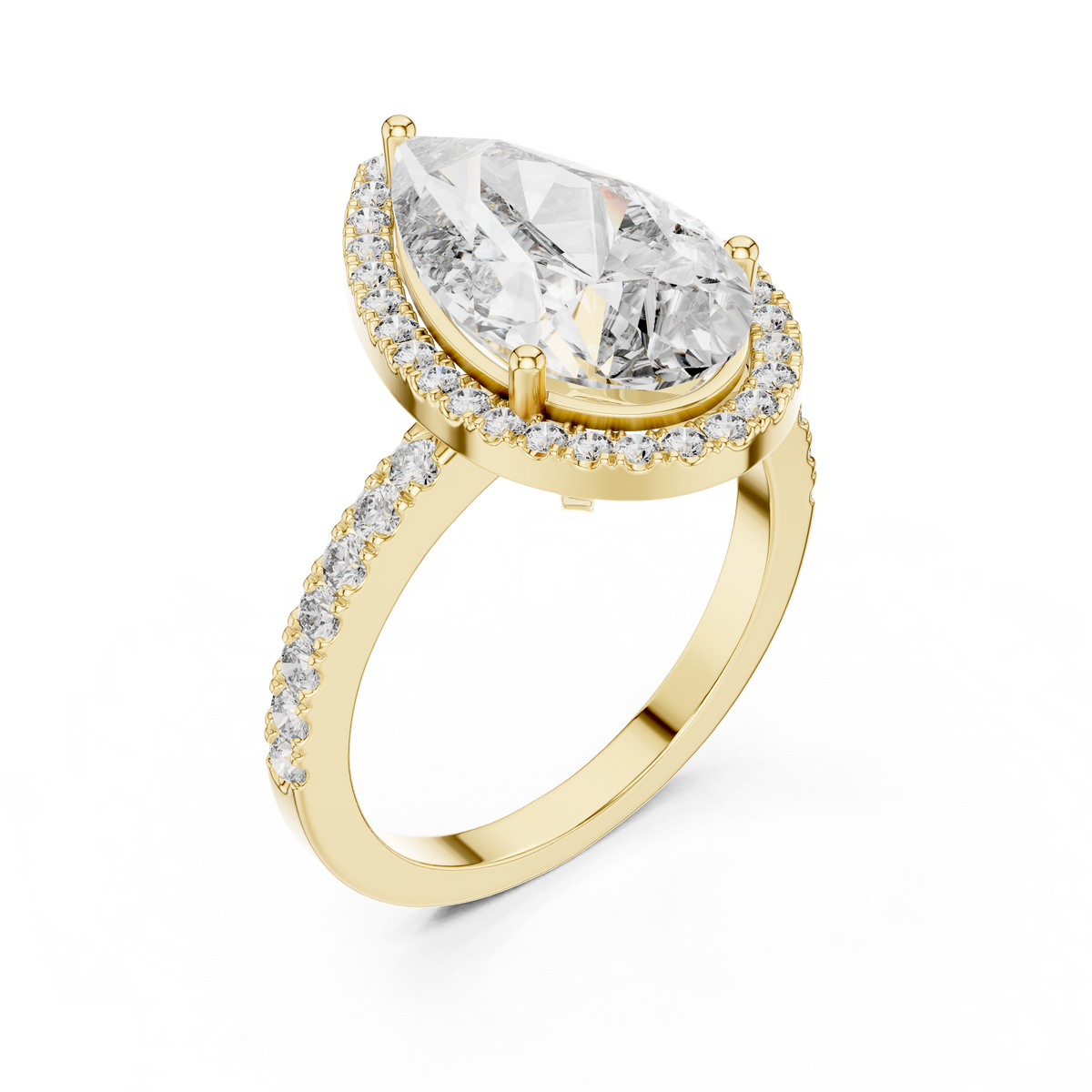IGI Certified Pear Cut Halo Lab Grown Diamond Bridal Ring, Yellow Gold