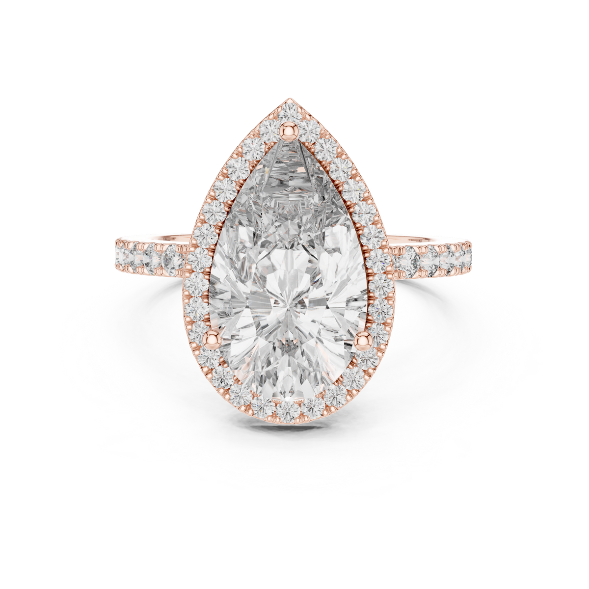 IGI Certified Pear Cut Halo Lab Grown Diamond Bridal Ring, Rose Gold