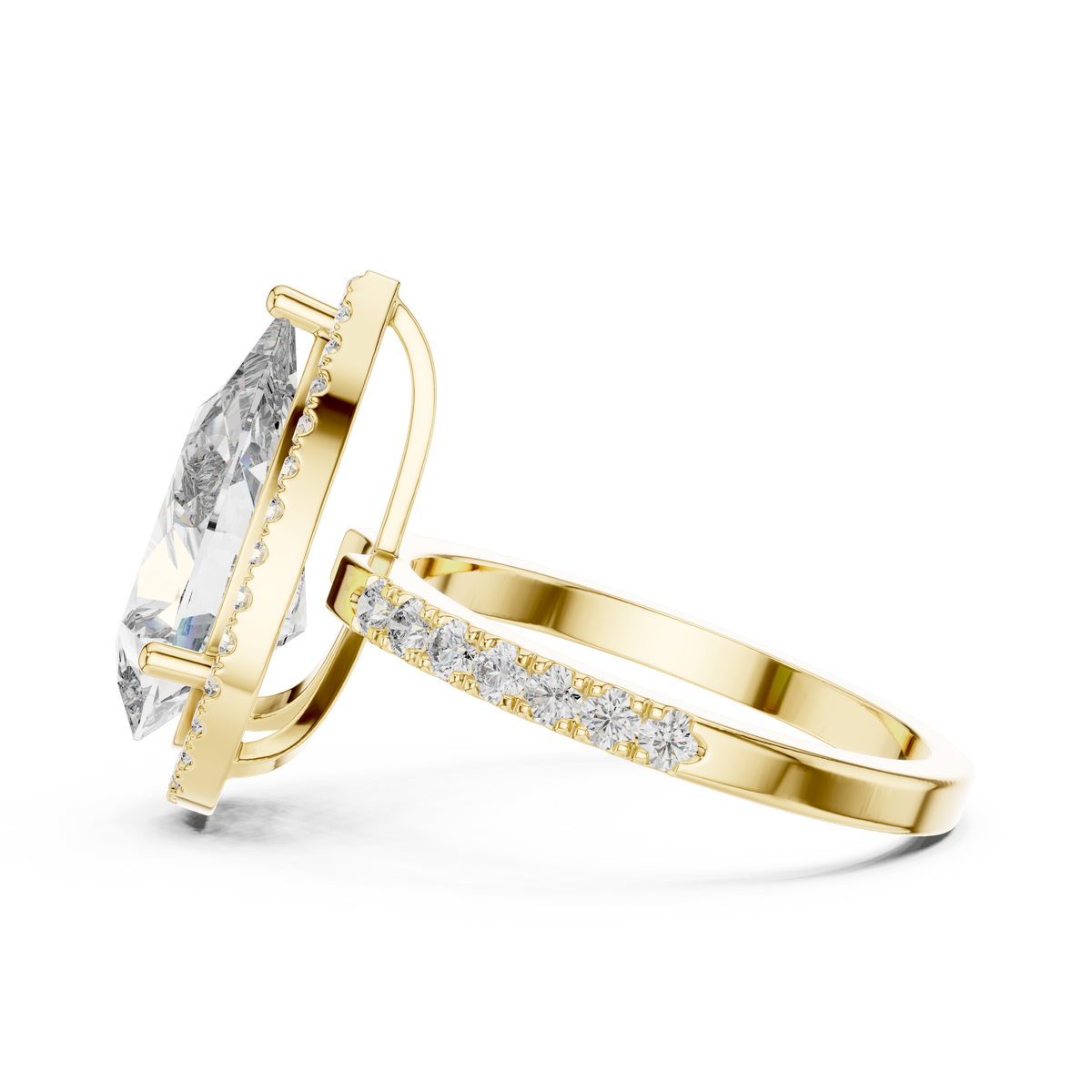 IGI Certified Pear Cut Halo Lab Grown Diamond Bridal Ring, Yellow Gold