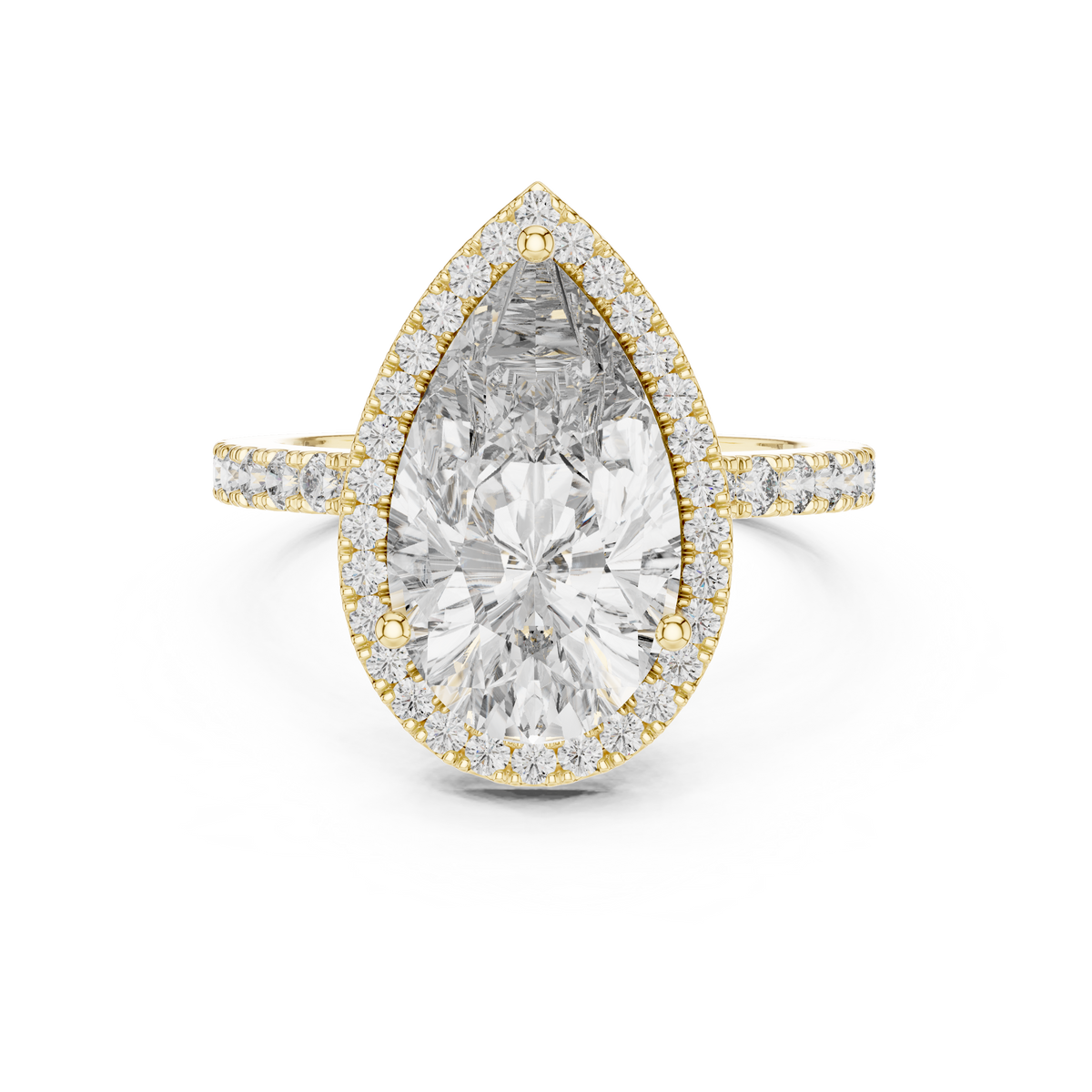 IGI Certified Pear Cut Halo Lab Grown Diamond Bridal Ring, Yellow Gold