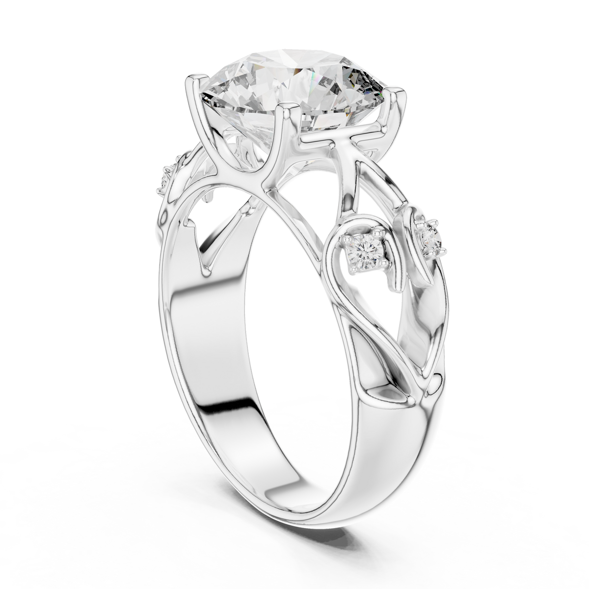 Artisan Nature Inspired IGI Certified Round Lab Grown Diamond Ring, White Gold