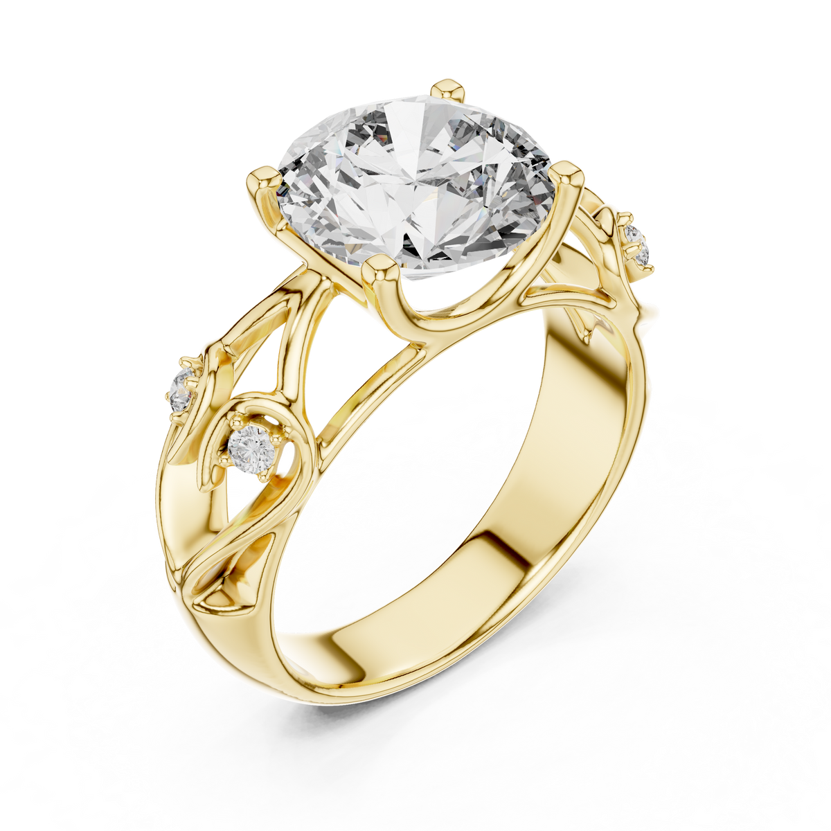 Artisan Nature Inspired IGI Certified Round Lab Grown Diamond Ring, Yellow Gold