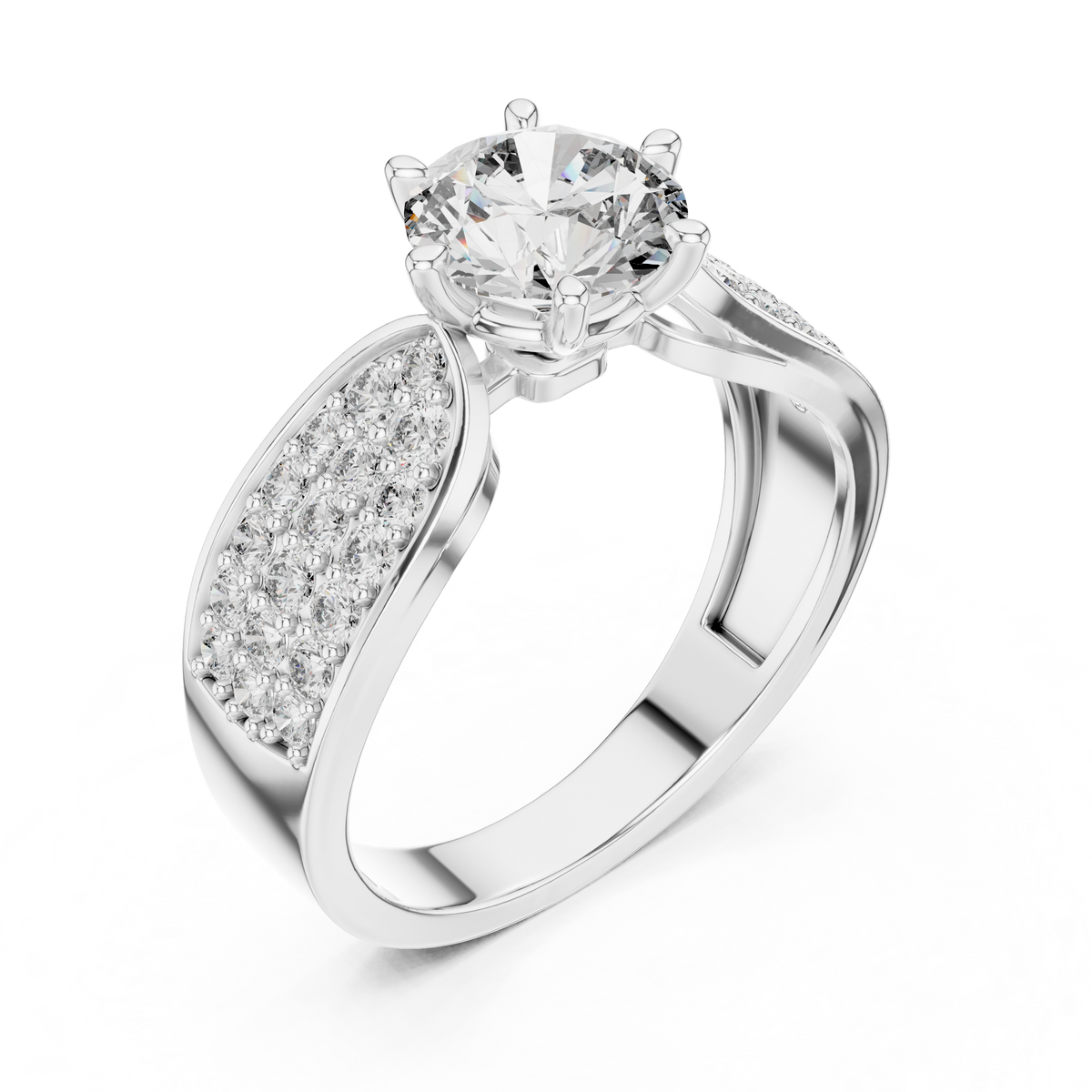 IGI Certified Round Cut Lab Grown Diamond Solitaire Ring with Pavé Shoulders, White Gold