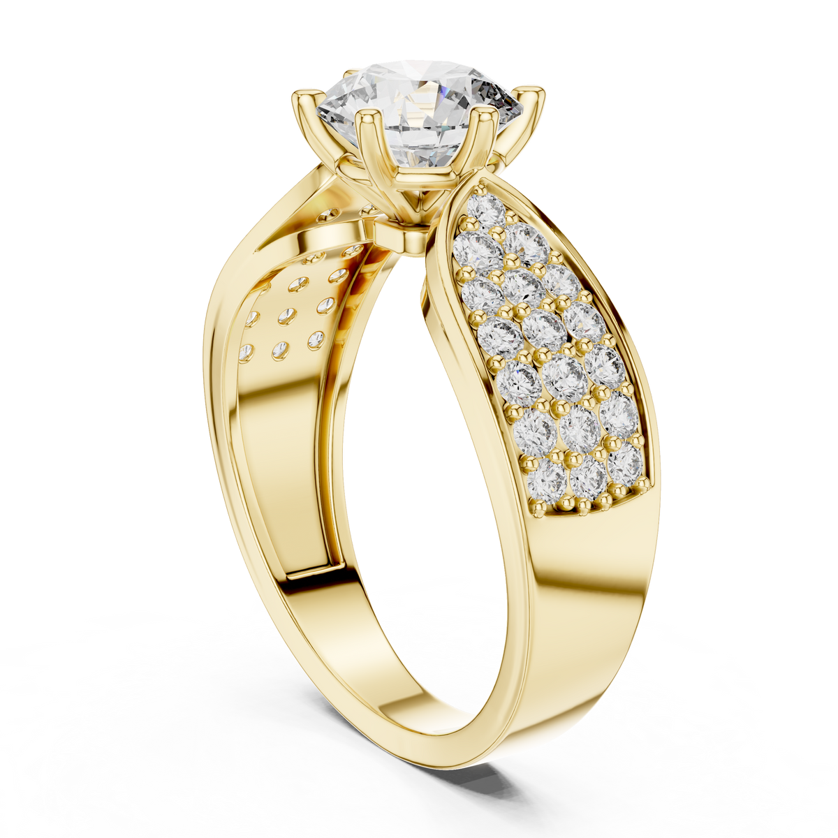 IGI Certified Round Cut Lab Grown Diamond Solitaire Ring with Pavé Shoulders, Yellow Gold