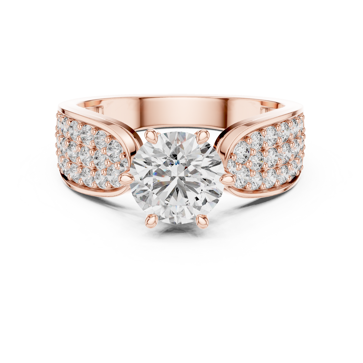 IGI Certified Round Cut Lab Grown Diamond Solitaire Ring with Pavé Shoulders, Rose Gold