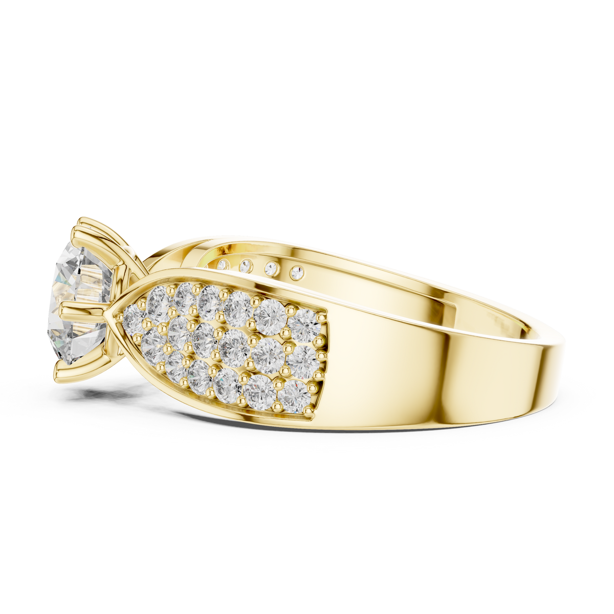 IGI Certified Round Cut Lab Grown Diamond Solitaire Ring with Pavé Shoulders, Yellow Gold