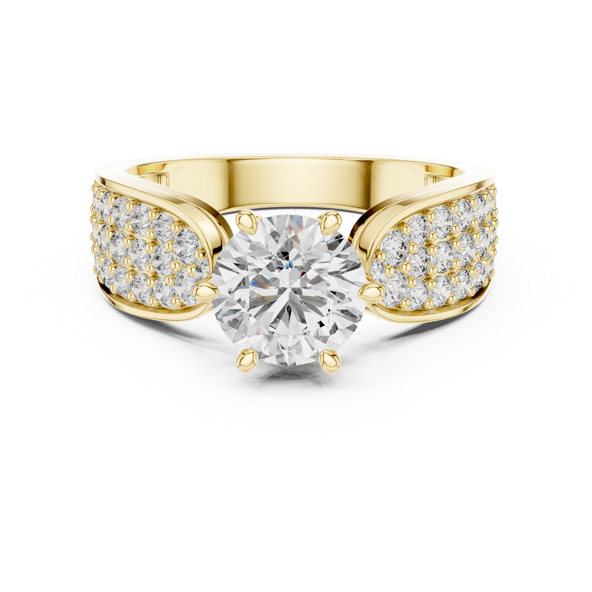 IGI Certified Round Cut Lab Grown Diamond Solitaire Ring with Pavé Shoulders, Yellow Gold
