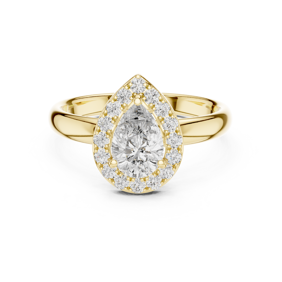 IGI Certified Pear Cut Lab Grown Diamond Halo Engagement Ring, Yellow Gold